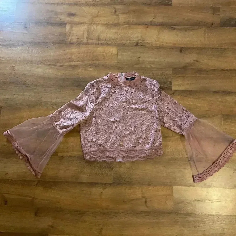 Love University Floral Sheer Lace Bell Sleeve Women's Top Blouse Size XL